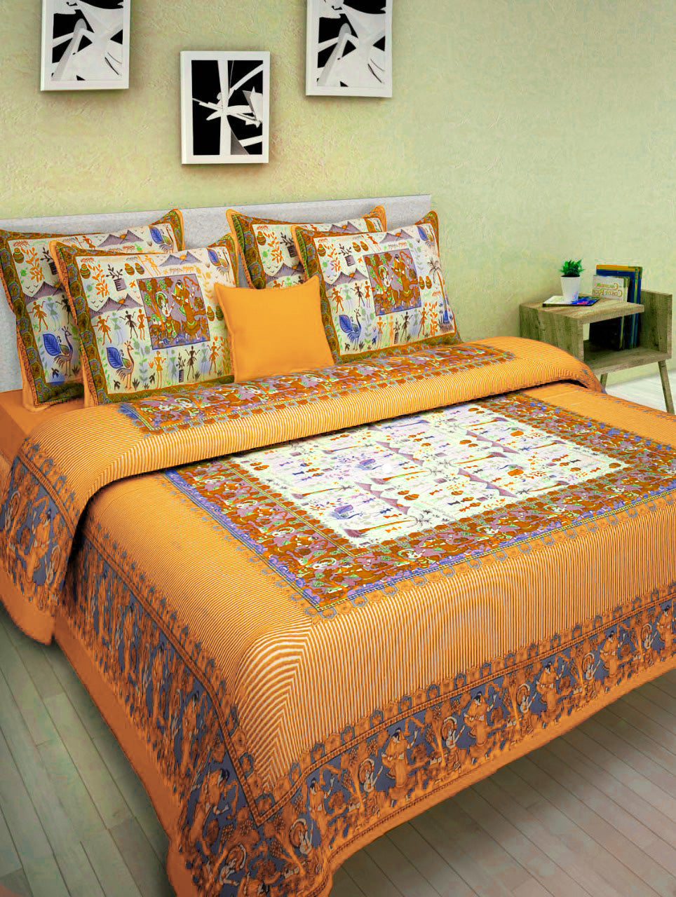 Organic Vibes Yellow Garba Design Striped Cotton Bed Cover with Pillows